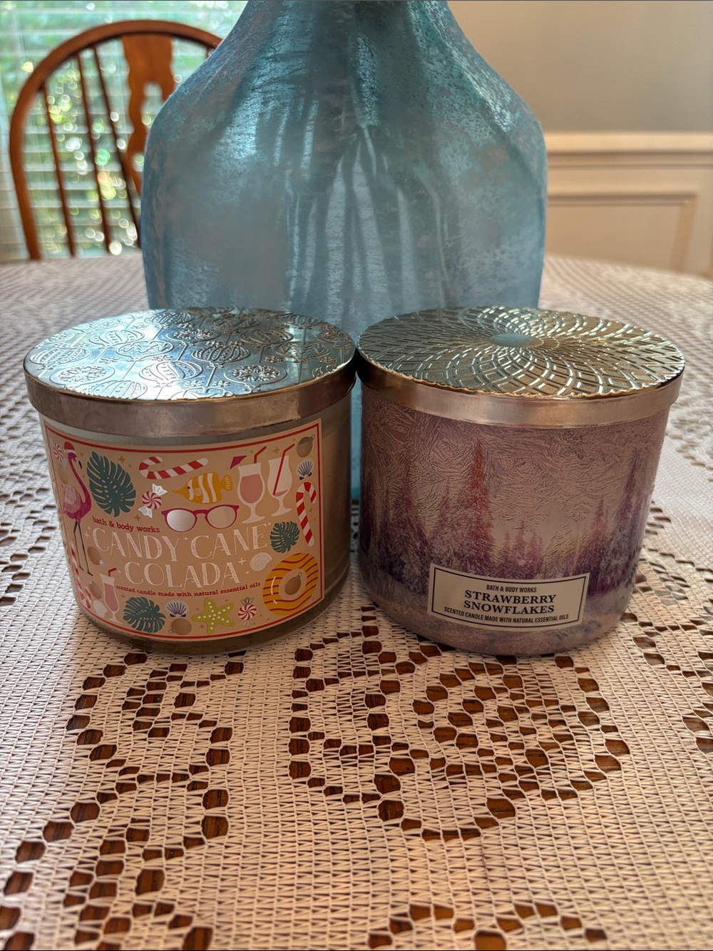 Bath & Body Works Candy Cane Colada and Strawberry Snowflakes 3-wick Candles